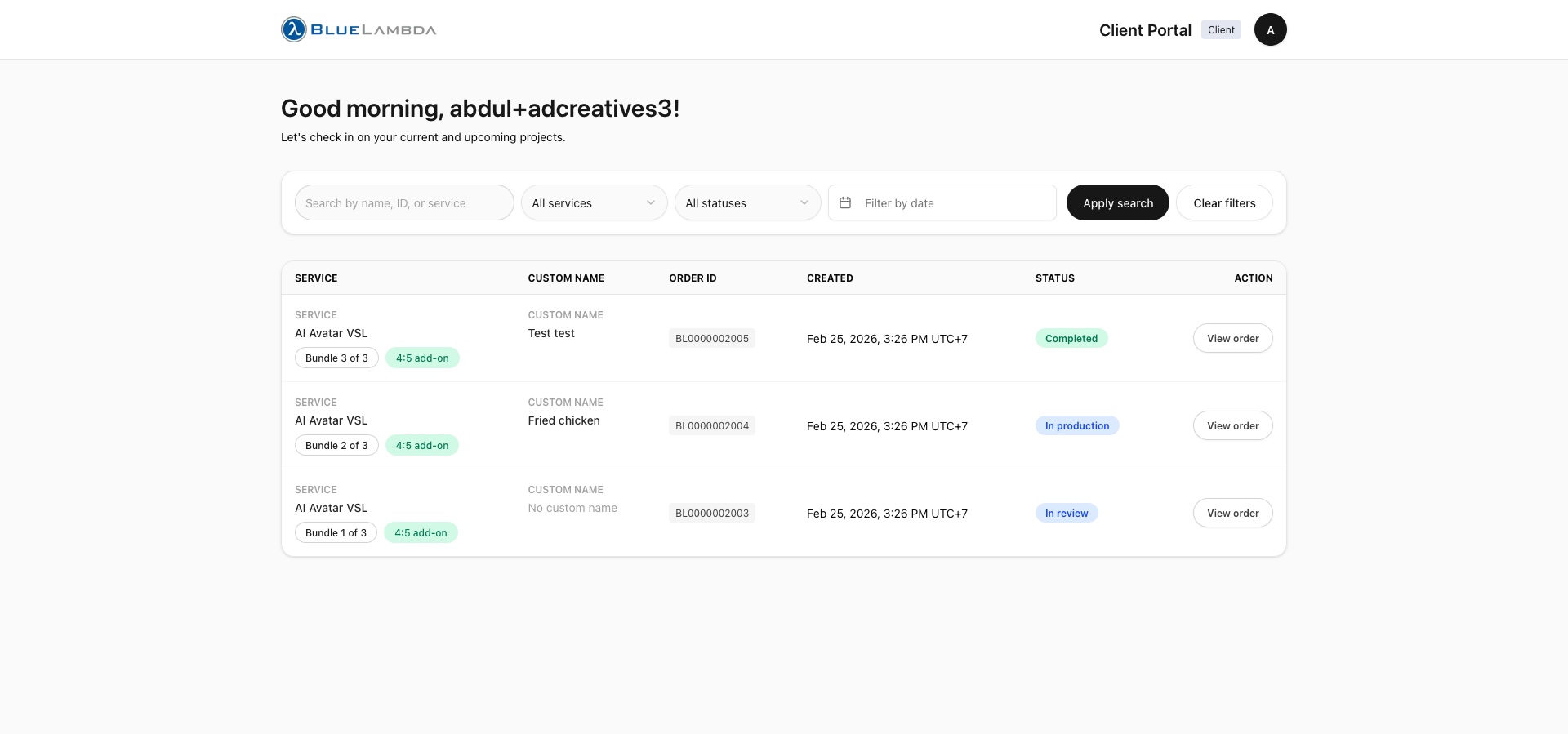 Bluelambda Client Portal Tangkapan Layar 4